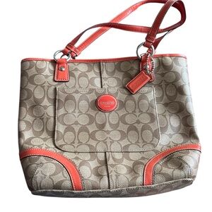 Coach Tan and Orange Shoulder Bag with Signature Monogram